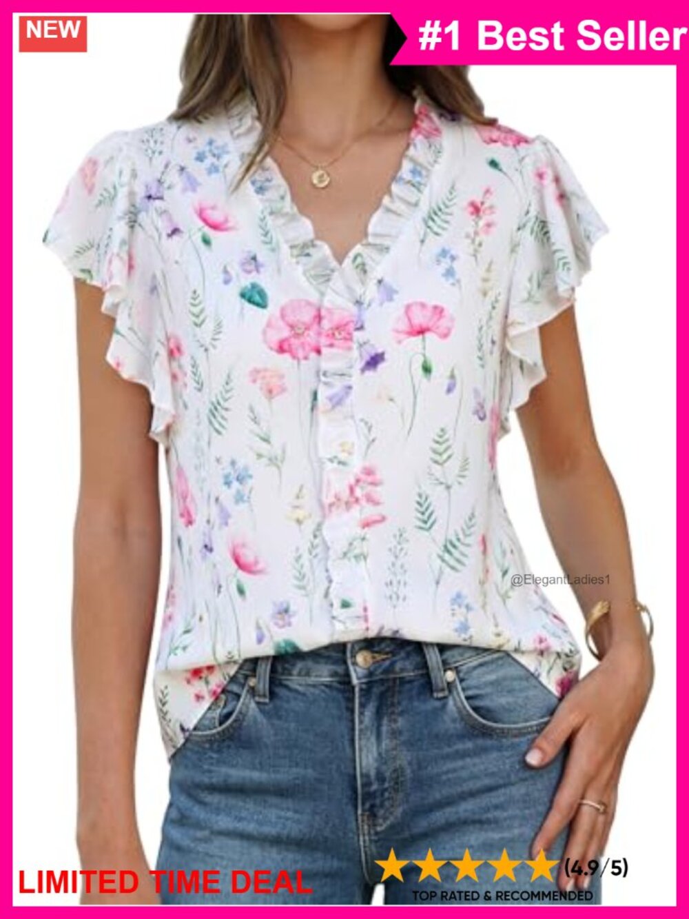 Womens Boho Ruffle Sleeve V-Neck Chiffon Blouse Dressy Casual Top